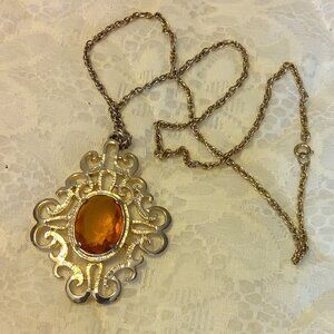 Vintage Orange Yellow Crystal Large Gold Tone Pendant Gold Tone Long Necklace
